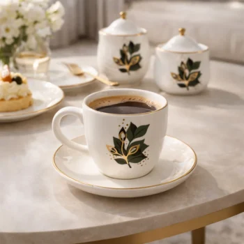 فنجان نعلبکی سرامیکی طرح برگ سبز